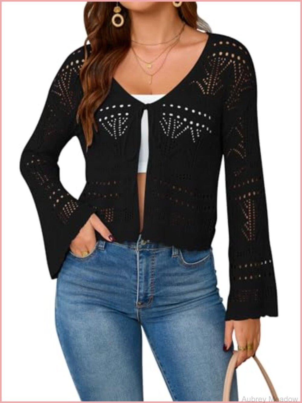 Crochet Cropped Cardigan Tie Front Shrug Sweater Bell Sleeve